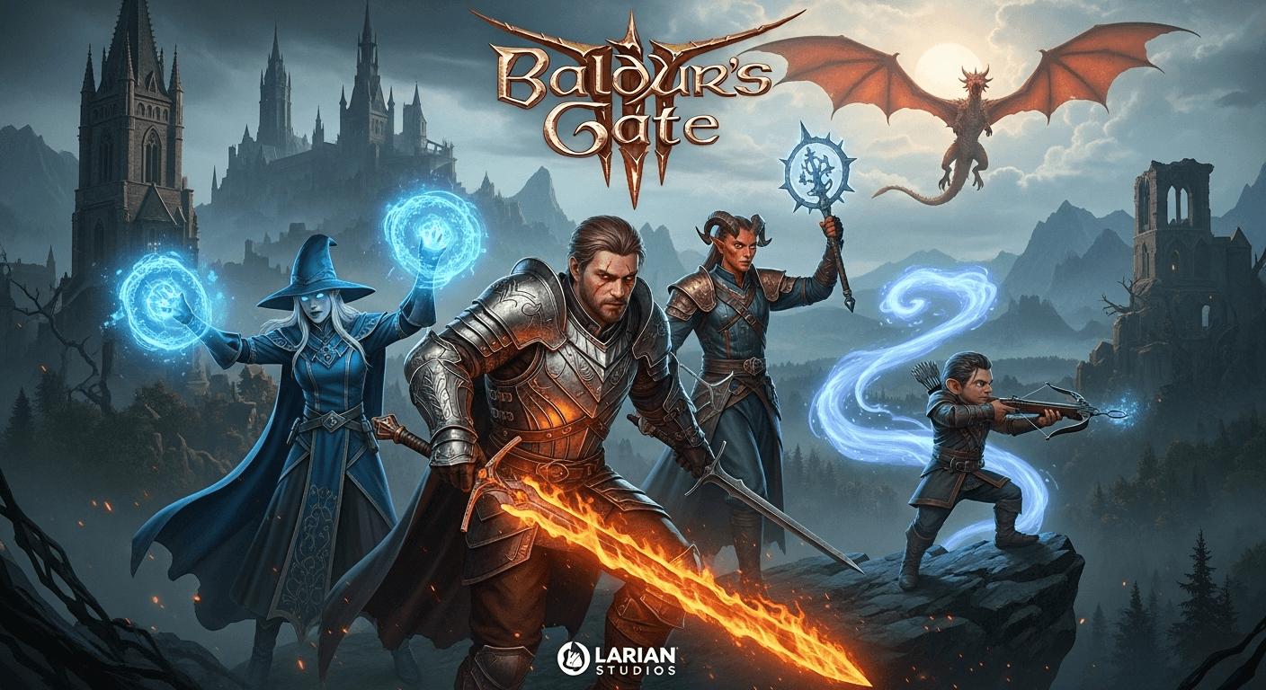 Artwork from Baldur's Gate 3 featuring main characters