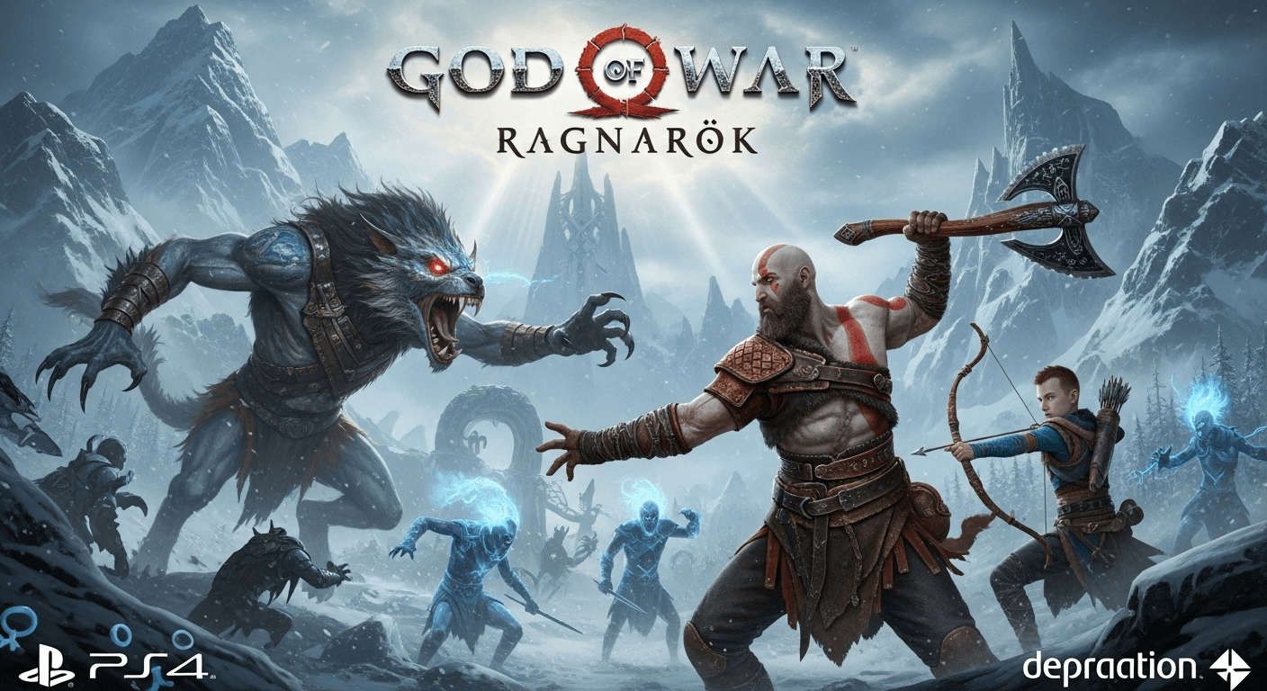 God of War Ragnarök inspired wallpaper highlighting a high-end gaming setup